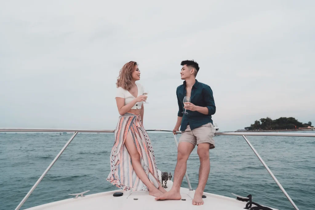 Couple on the bow during an evening Sea Friends cruise